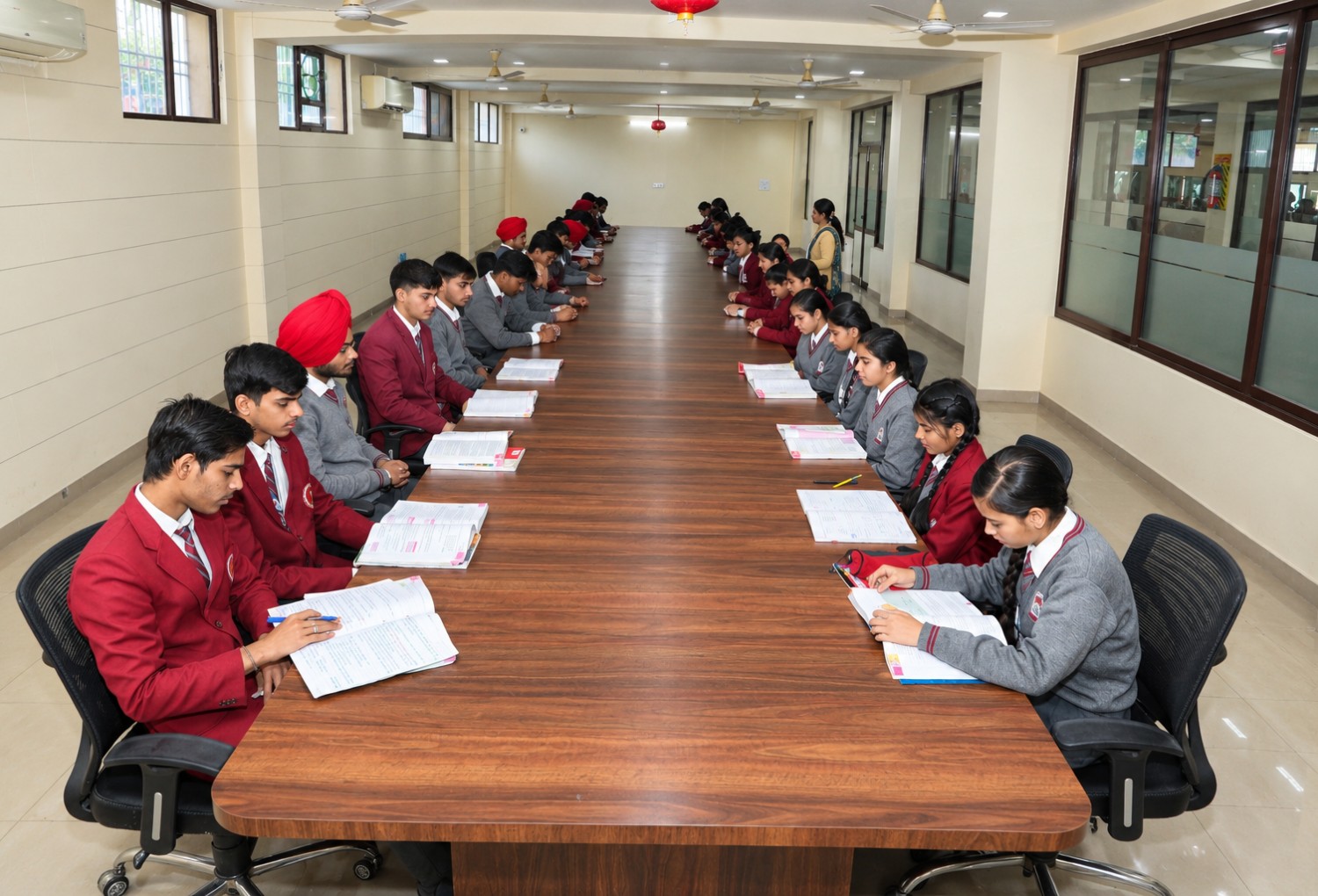 Studious Gathering Around a Long Library Table